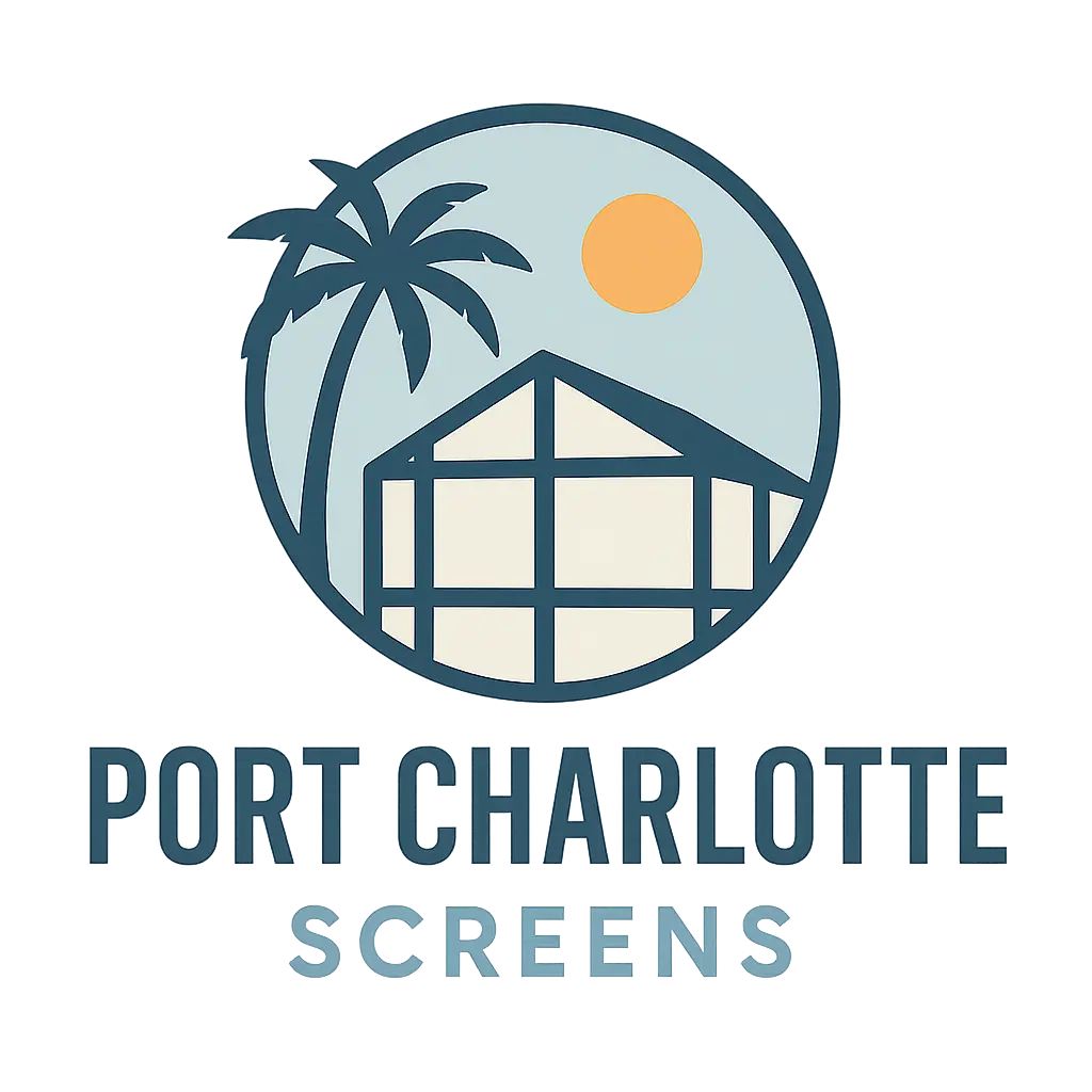 Logo for Port Charlotte Screens featuring a screened enclosure, palm tree, and sun.
