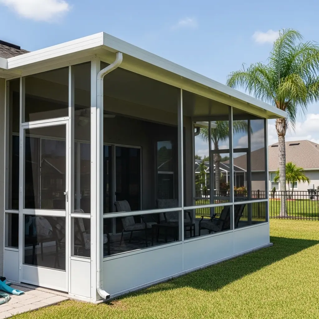 Custom lanai enclosure with aluminum framing and screened walls at a Port Charlotte, FL home.