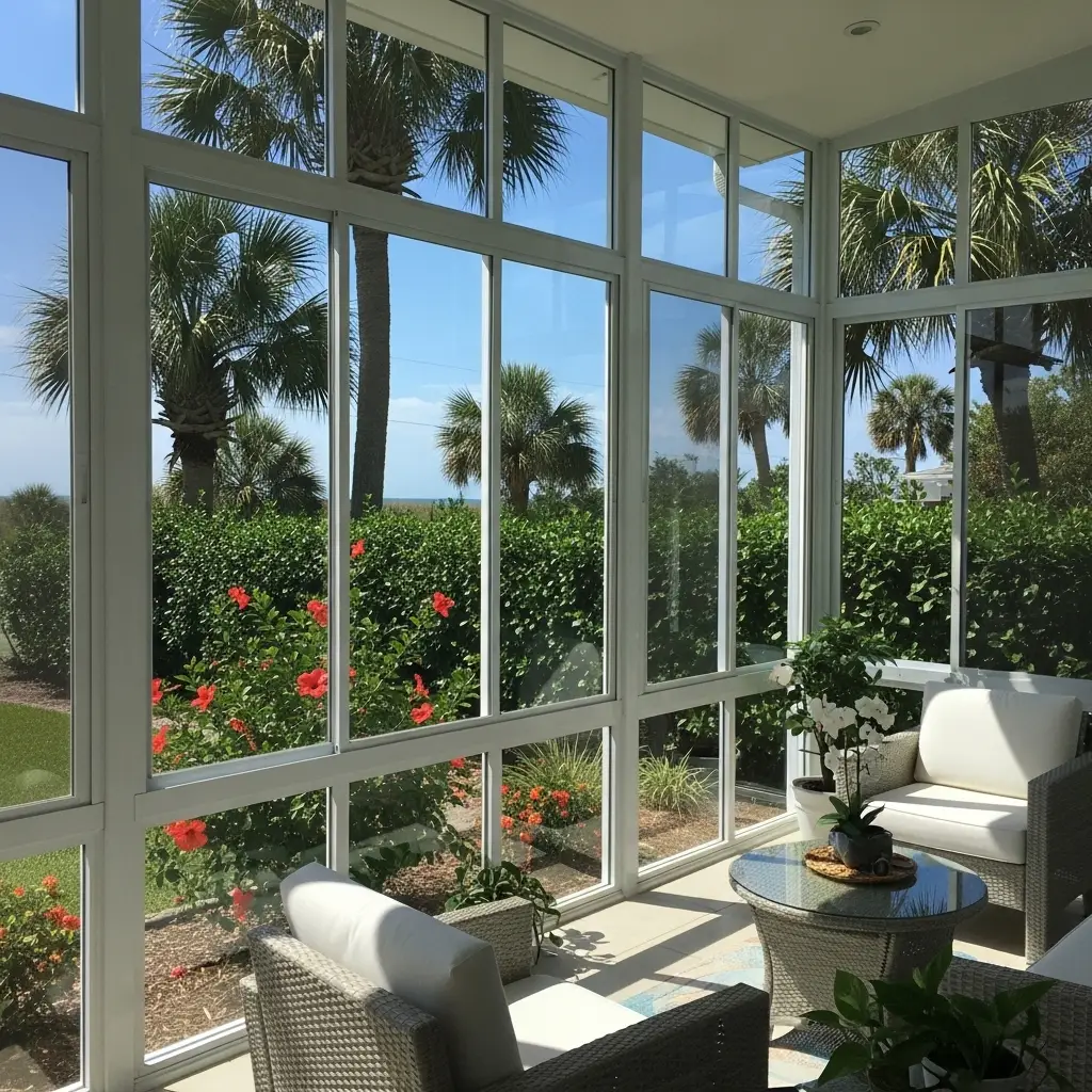 Repaired lanai enclosure with clear screened panels overlooking landscaped backyard in Port Charlotte, FL.