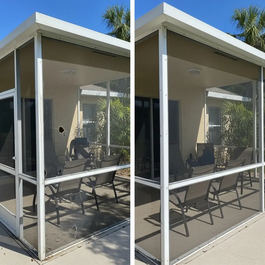 Before-and-after lanai screen repair showing torn mesh replaced with new panels in Port Charlotte, FL.