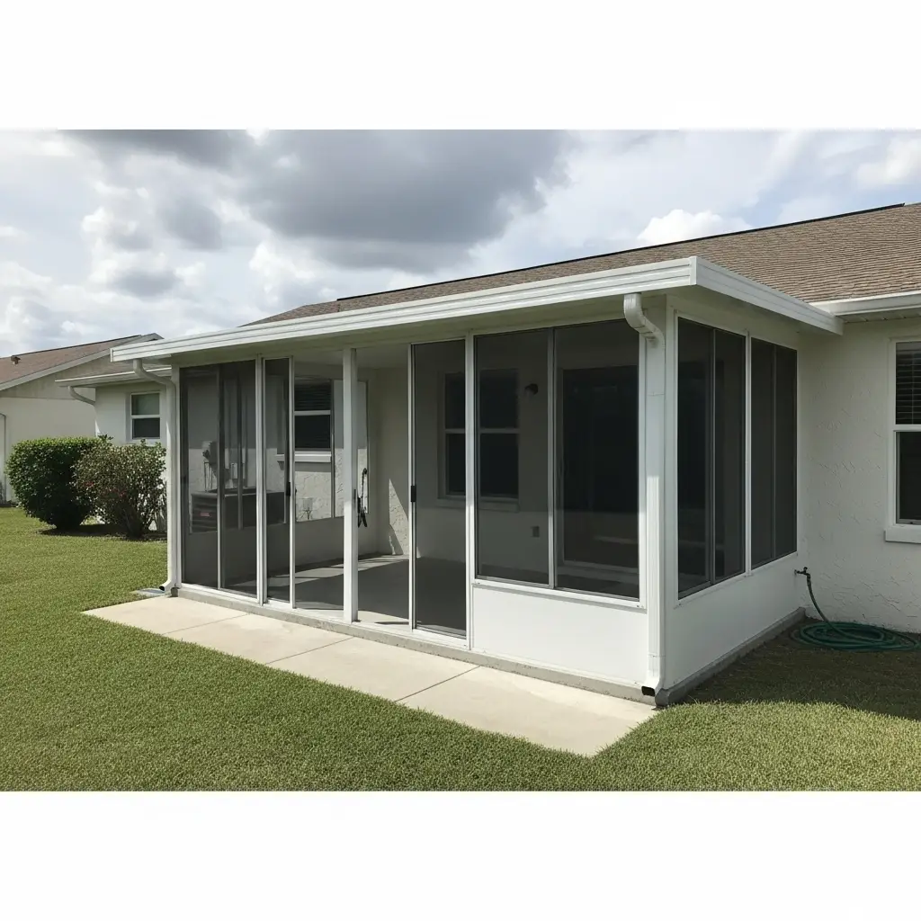 Repaired lanai screen enclosure with newly replaced mesh panels in Port Charlotte, FL.