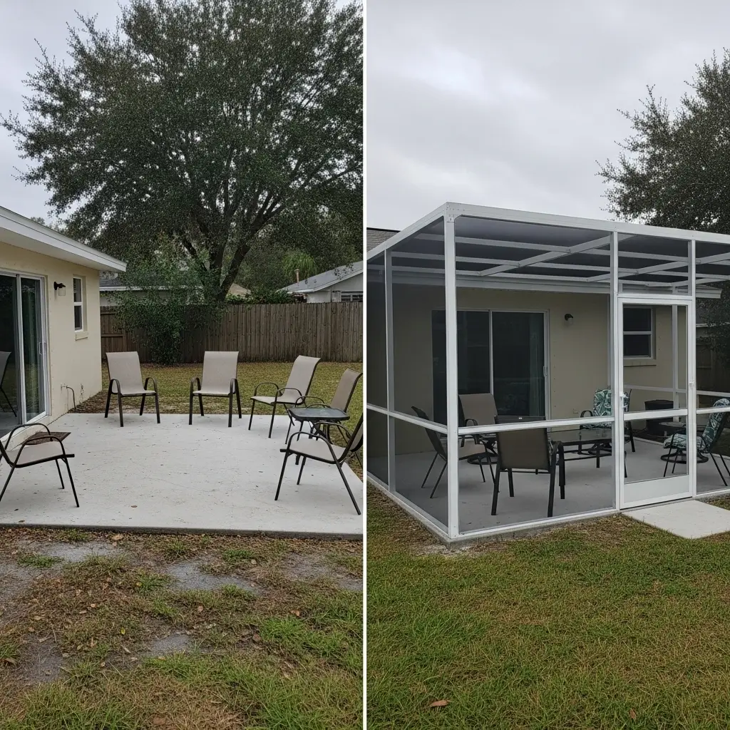 Before-and-after patio screen enclosure installation transforming open patio into enclosed space in Port Charlotte, FL.