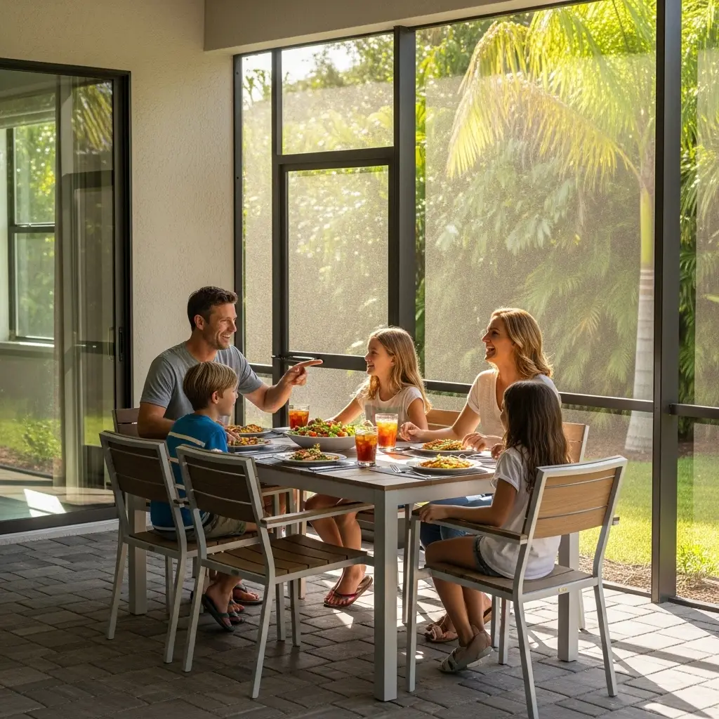Family enjoying meal inside a screened patio enclosure at a home in Port Charlotte, FL.