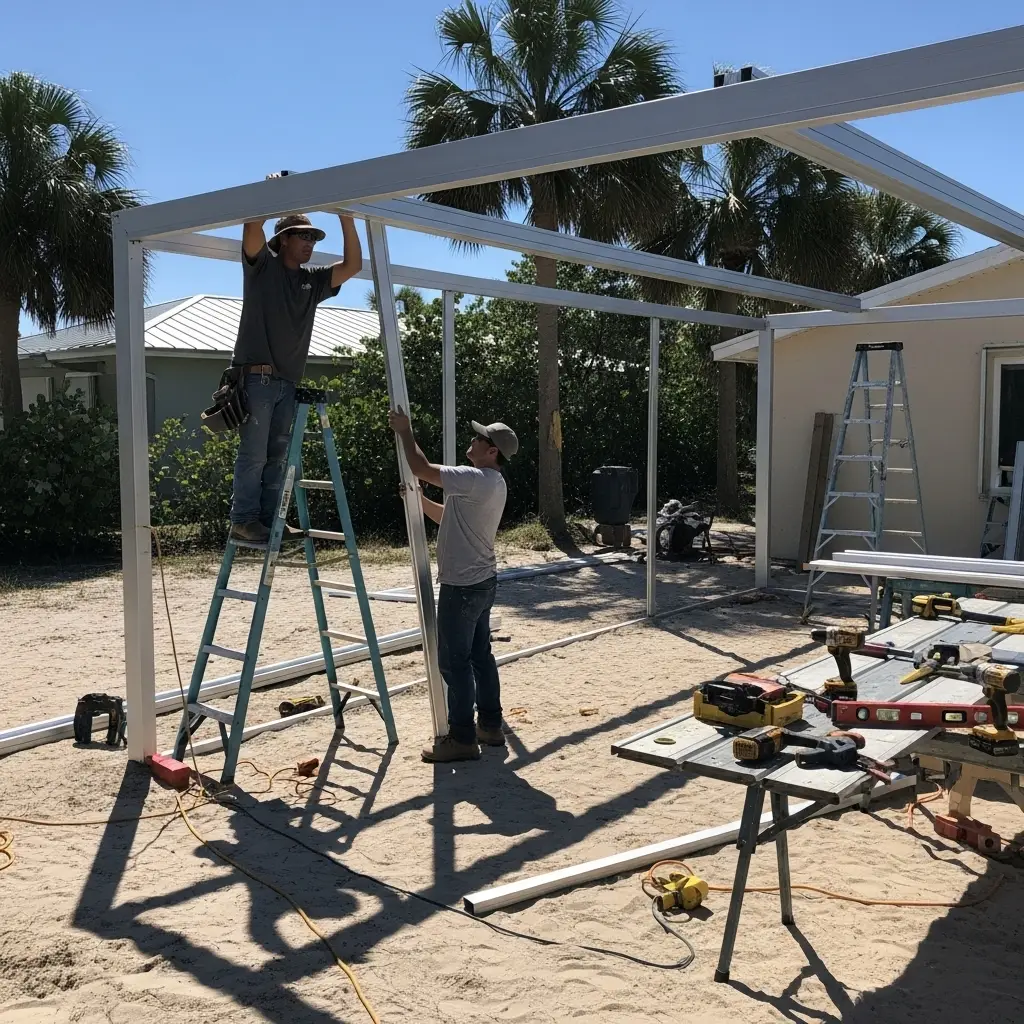 Crew installing new aluminum patio screen enclosure framework at a residential property in Port Charlotte, FL.