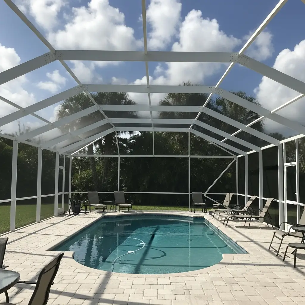 Newly installed white aluminum pool cage enclosure surrounding backyard swimming pool in Port Charlotte, FL.