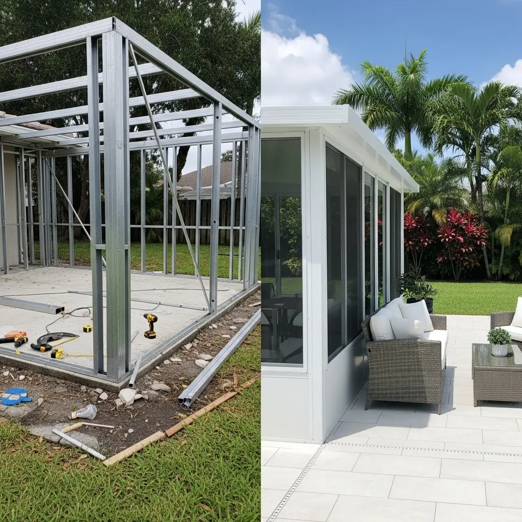 Before-and-after pool cage rescreening showing aluminum frame restoration in Port Charlotte, FL.
