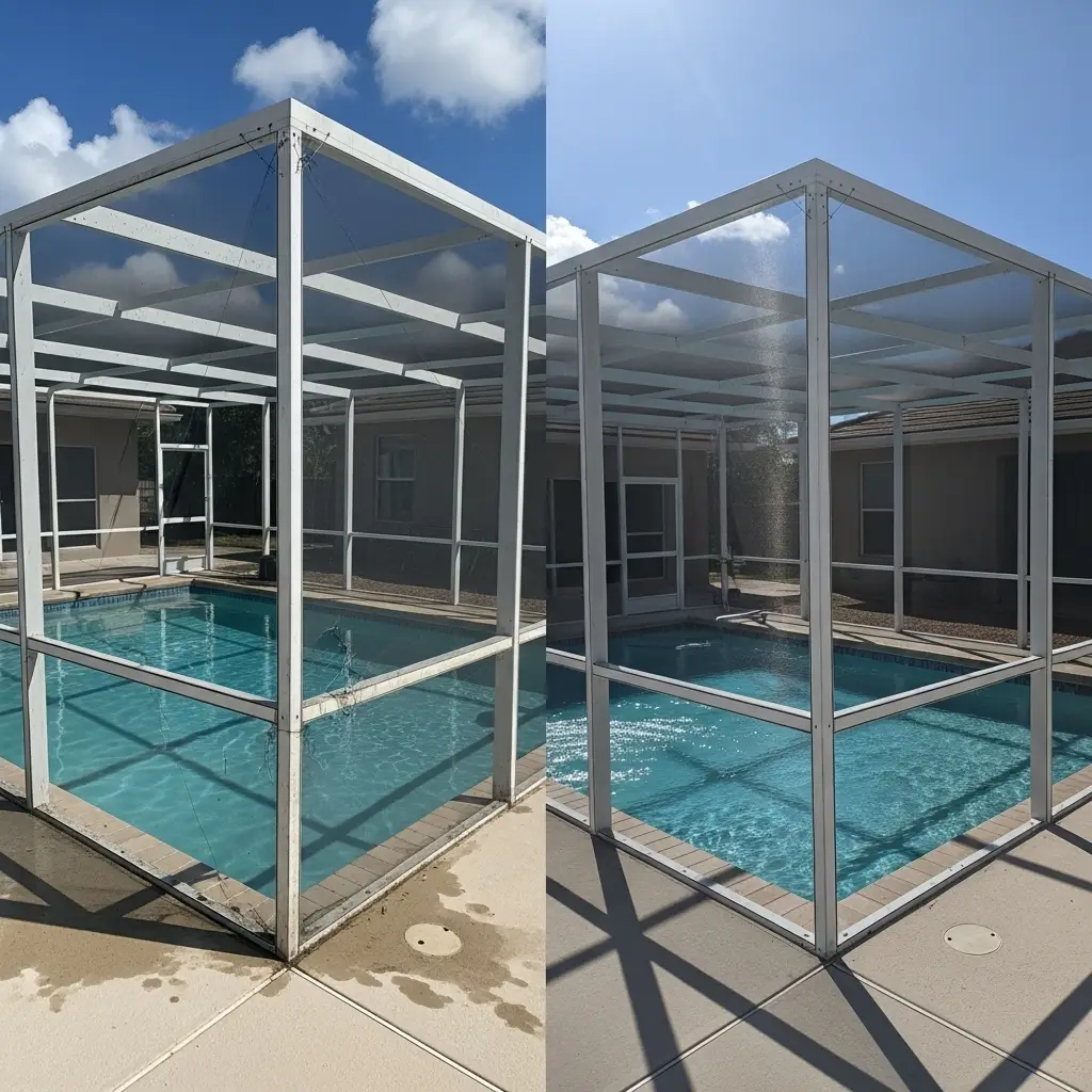 Pool enclosure repair restoring damaged cage frame and screens around backyard pool in Port Charlotte, FL.