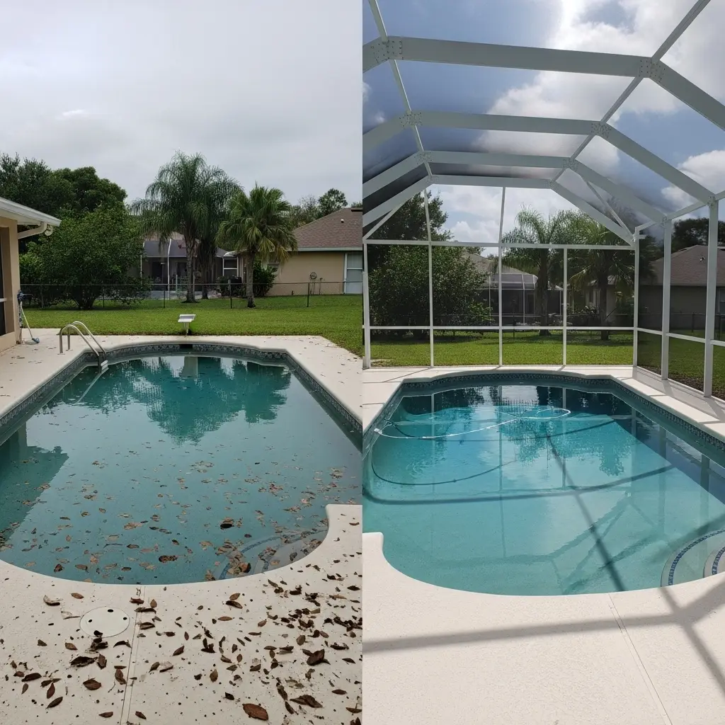 Before-and-after pool enclosure installation showing debris-free screened swimming area in Port Charlotte, FL.