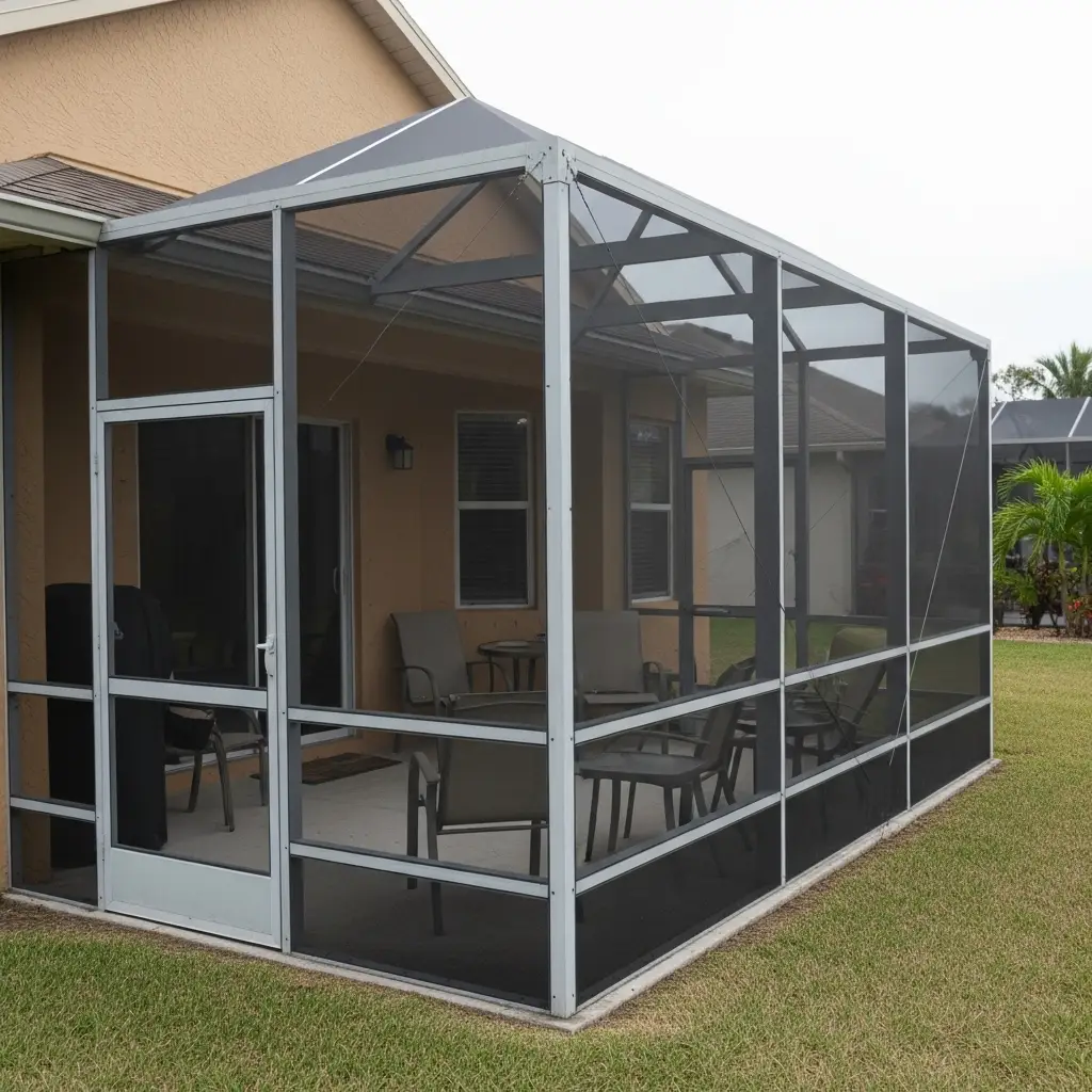Residential pool screen enclosure with aluminum framing and mesh panels in Port Charlotte, FL.