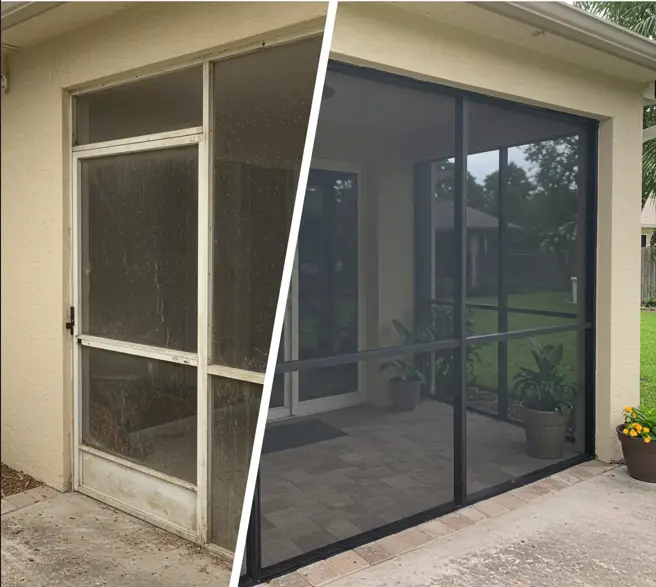 Before-and-after patio screen door repair showing upgraded enclosure entrance in Port Charlotte, FL.