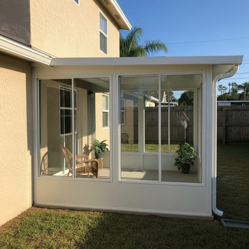 Newly installed residential screen enclosure sunroom attached to home in Port Charlotte, FL.