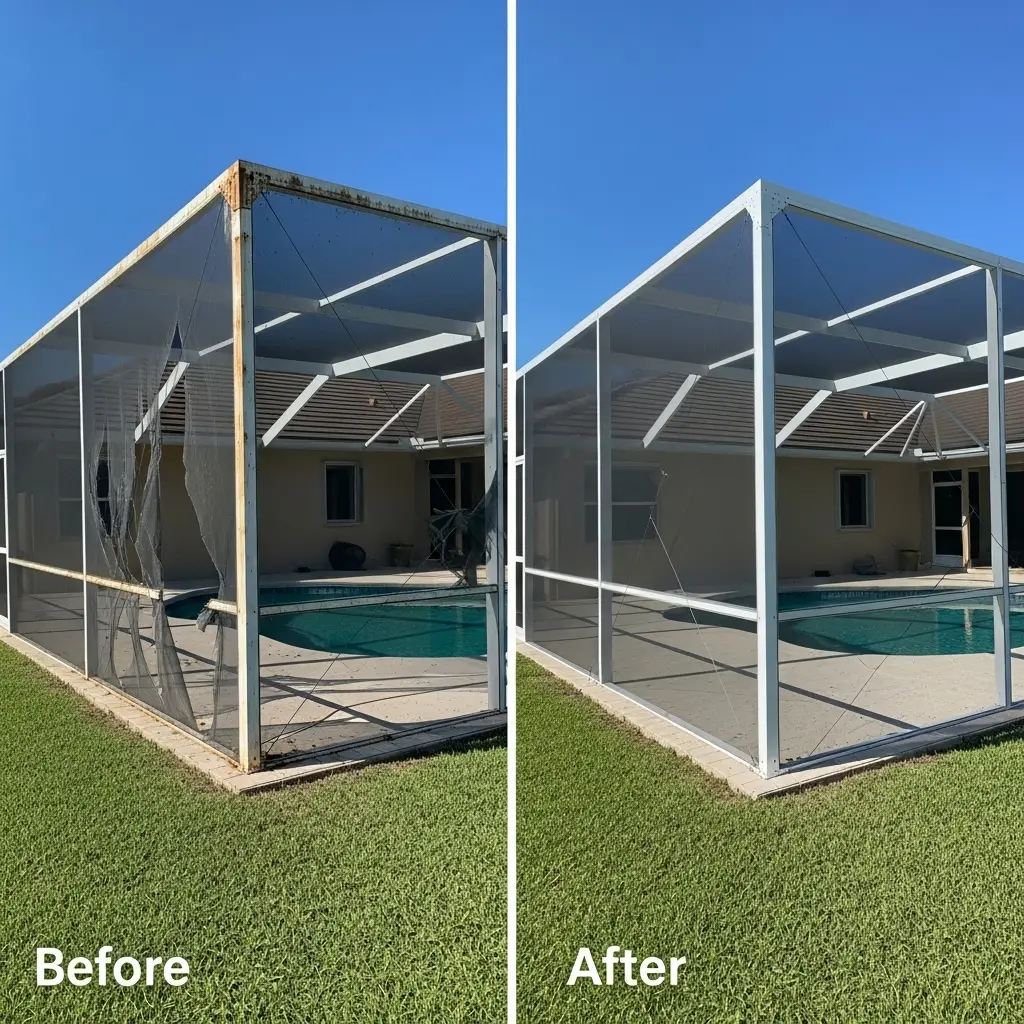 Before-and-after pool cage screen replacement showing restored enclosure panels in Port Charlotte, FL.