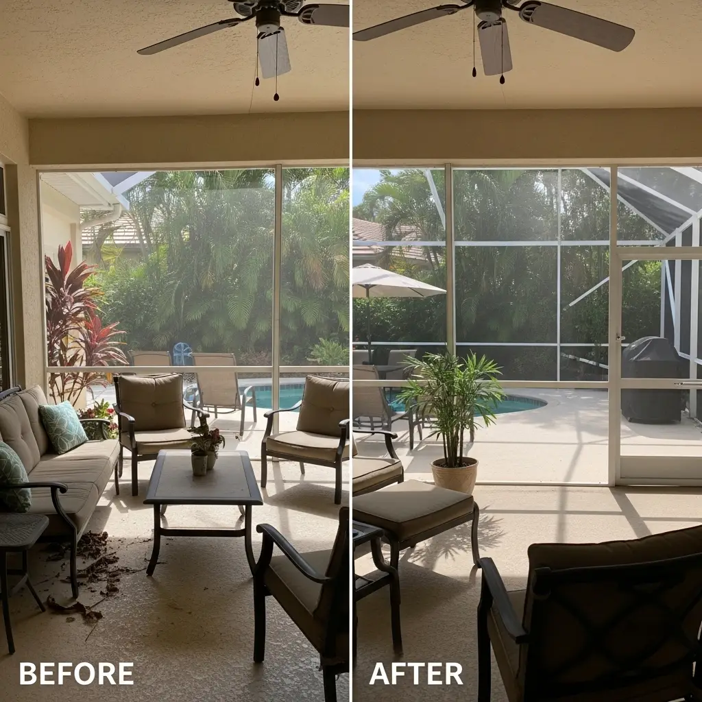 Before-and-after sunroom screen panel repair showing restored patio enclosure in Port Charlotte, FL.