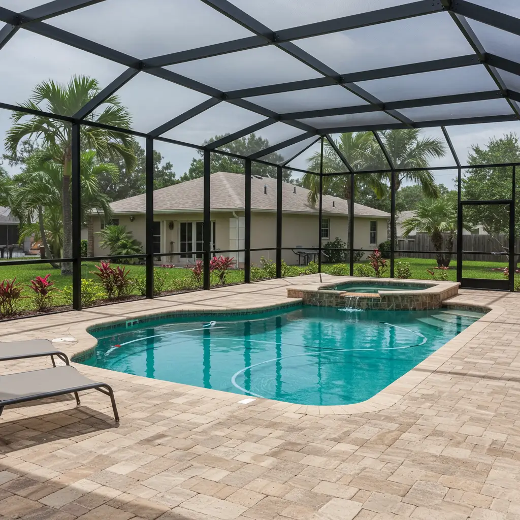 Screened residential pool enclosure with spa showcasing pool cage installation in Port Charlotte, FL.